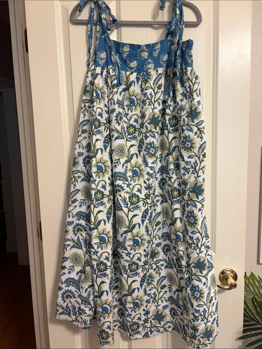 Blue and White Floral Midi Dress with Tie Straps